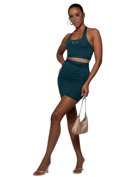 WMNSwear Krótki top i spódnica z małym logo zestaw w kolorze morskim defekt S