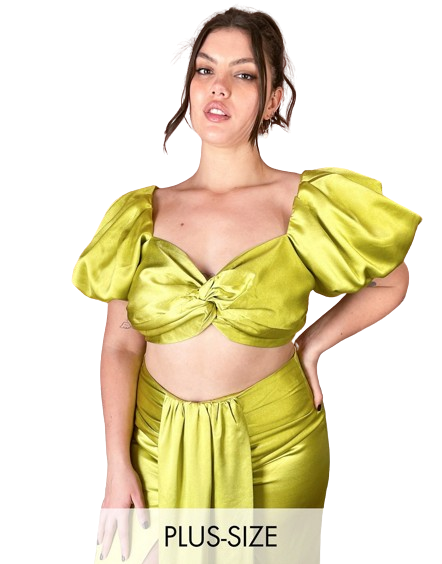 Yaura Plus Size limonkowy top ze skręconym przodem i bufkami 48